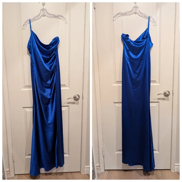 Faeriesty One Shoulder Sleeveless High Slit Blue Maxi Dress Large - Picture 3 of 12
